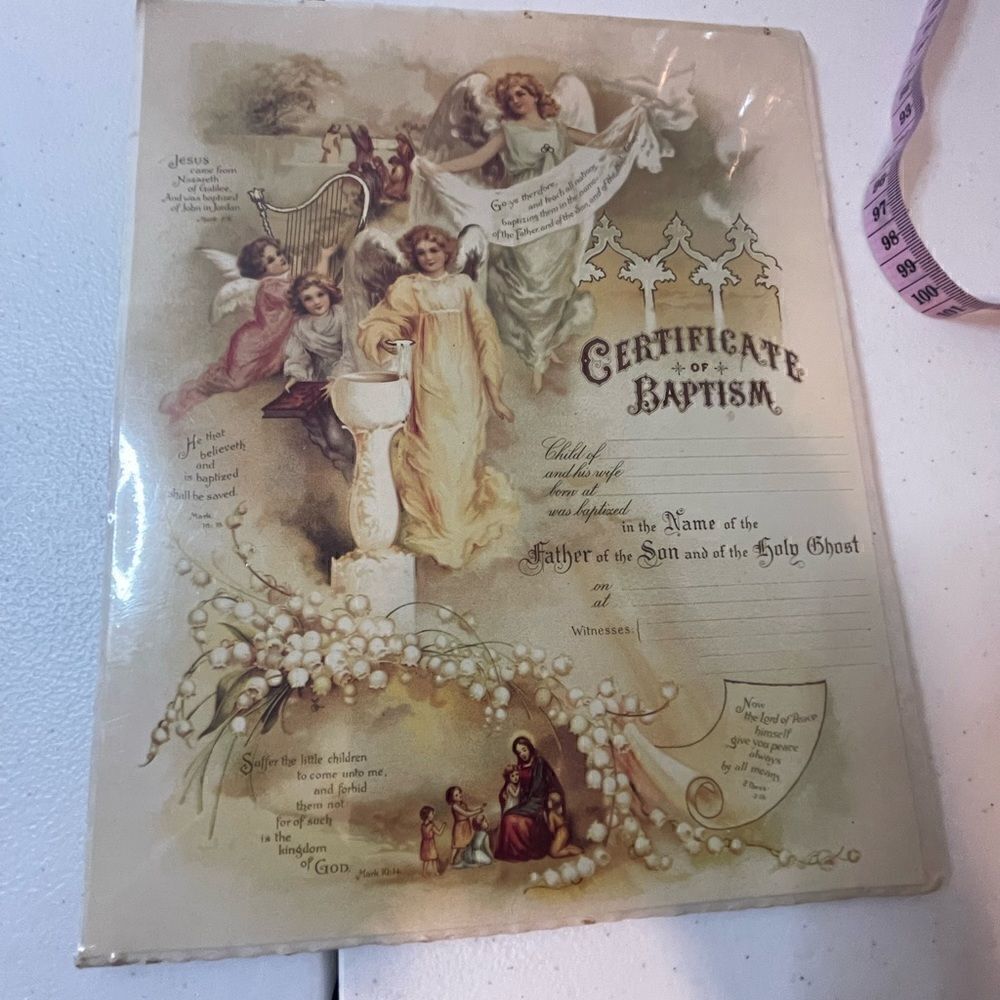 Certificate of Baptism reproduction of an original Stone Lithograph bible verses